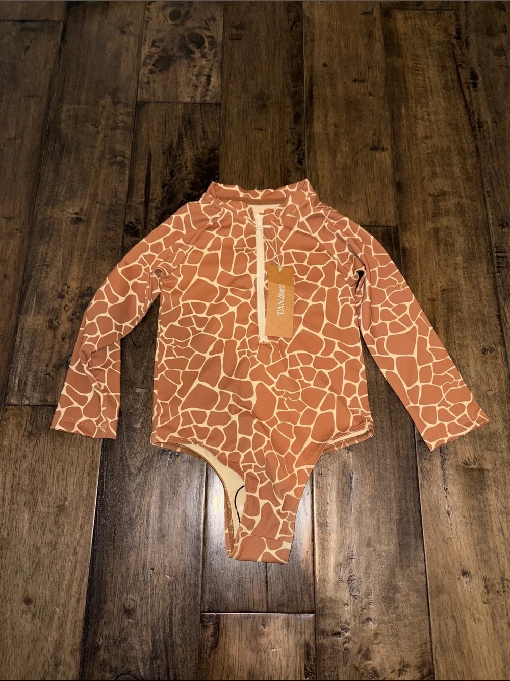 Tan Giraffe-Print Long Sleeve One-Piece Swimsuit